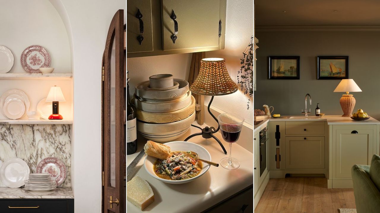 trio of kitchen images with countertop lamp lights