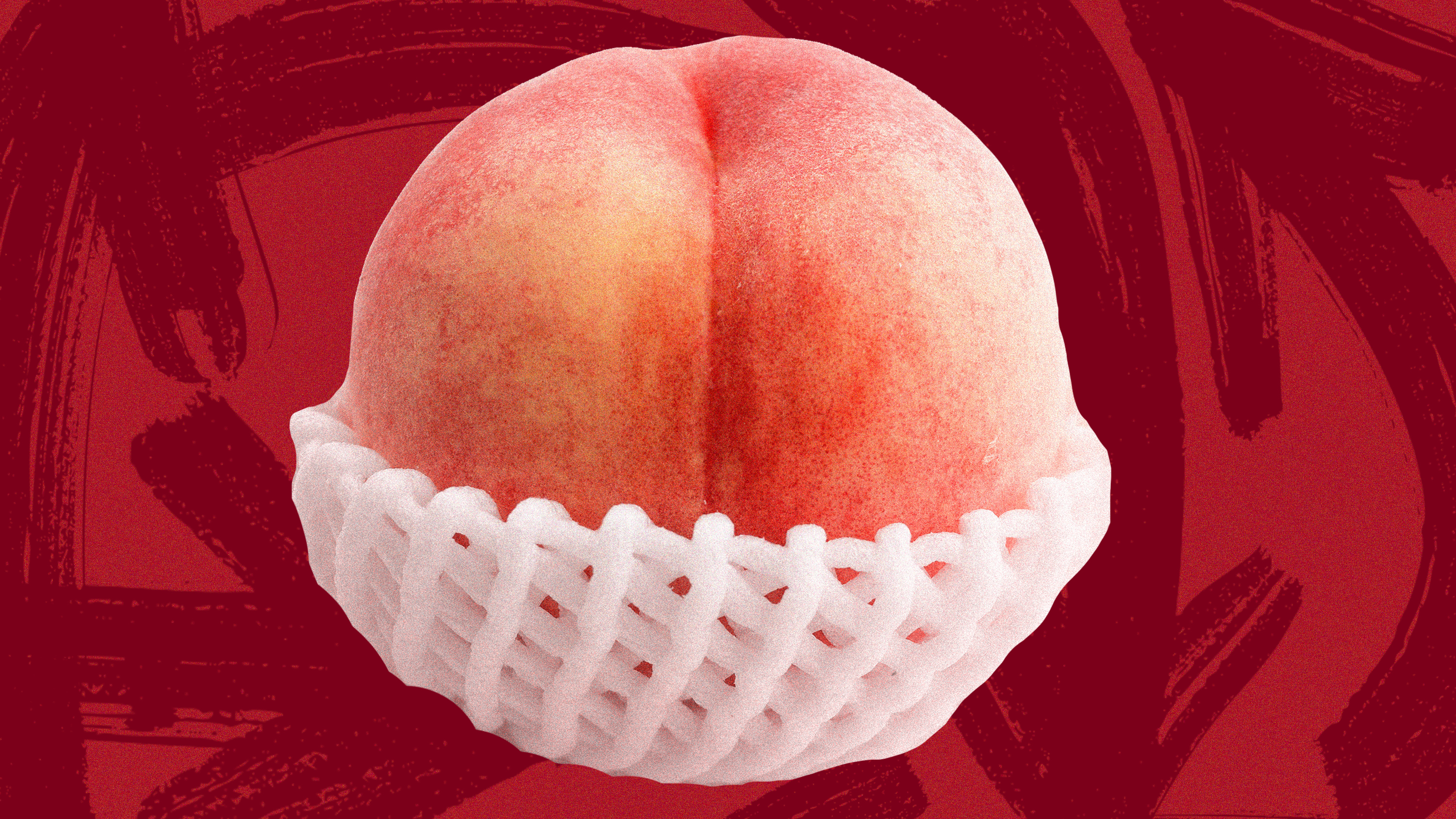 a peach with a white mesh base on a red background