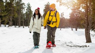 Young couple holding hands while enjoying a snowshoe walk on a snowy mountain - Sunlight on the background - Winter holidays concept