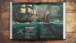 Open pages revealing a ship being attacked by a Kraken