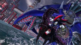 A Sonic X Shadow Generations screenshot shoiwing Shadow the Hedgehog mid-boss battle with Metal Overlord