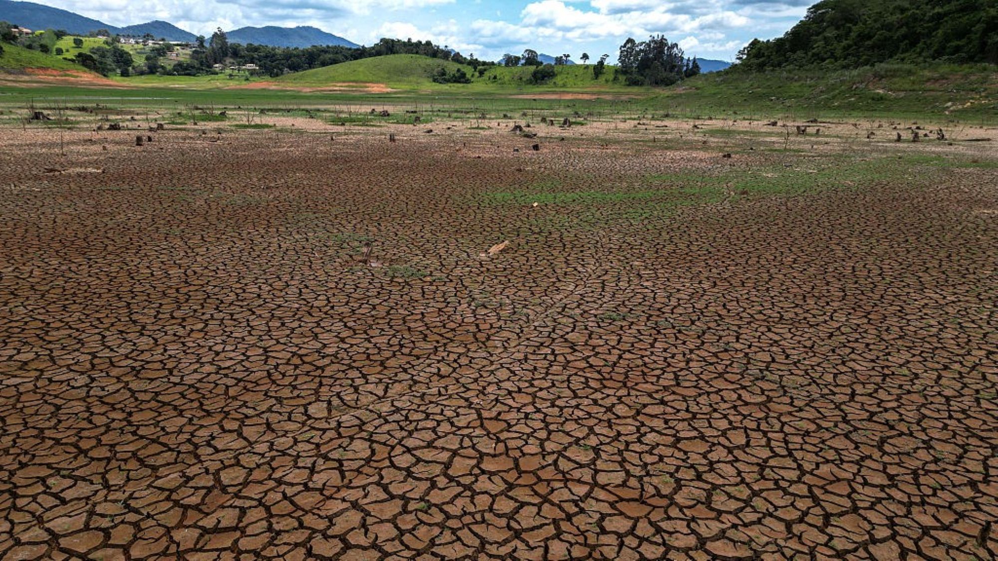 Cracked ground in a location in Brazil where there is usually a water reservoir.
