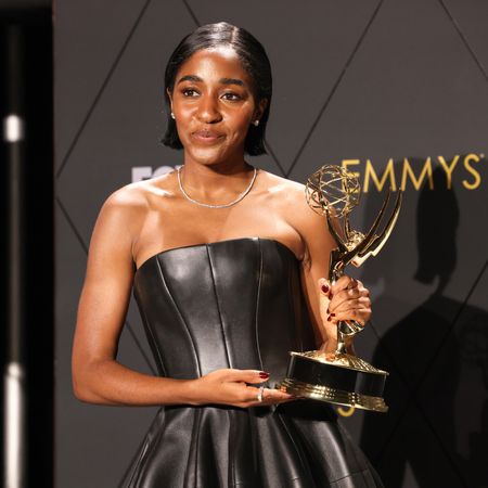 Ayo Edebiri, winner of the award for Outstanding Supporting Actress in a Comedy Series for "The Bear," poses in the press room the 75th Primetime Emmy Awards at Peacock Theater in Los Angeles, CA, Monday, Jan. 15, 2024.