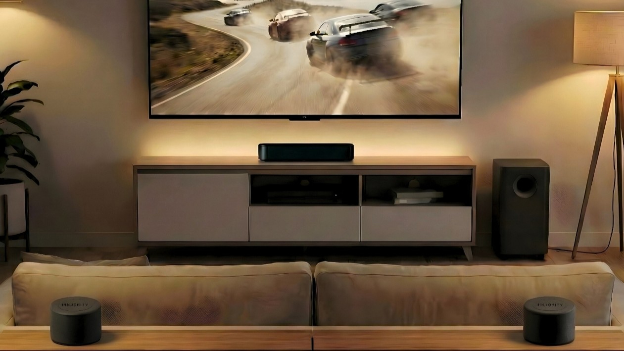Majority Bowfell soundbar in front of a TV with a group of cars speeding on a sandy road.