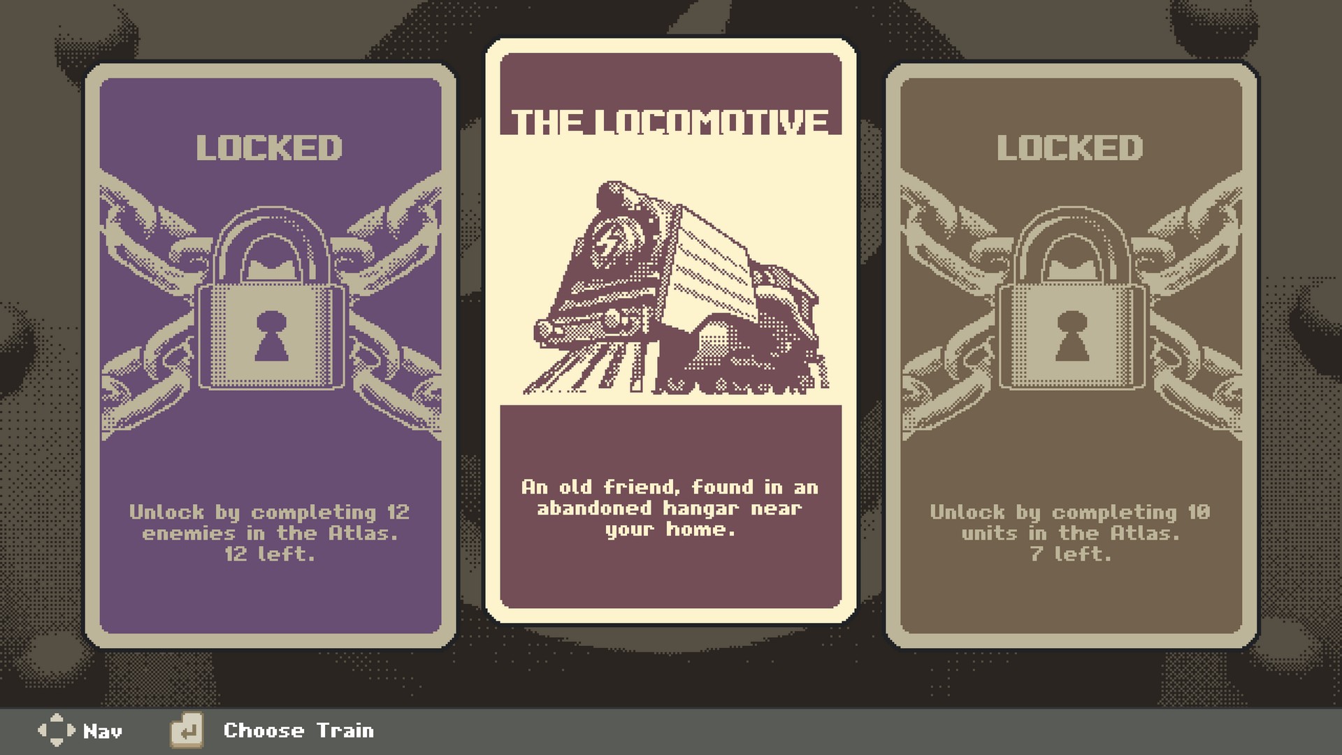 The train selection screen in Australia Did It showing two locked locomotives and instructions on how to obtain them