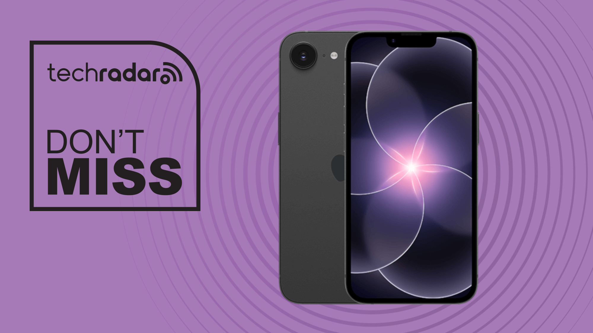 Apple iPhone 17e in black on purple background with don't miss text overlay