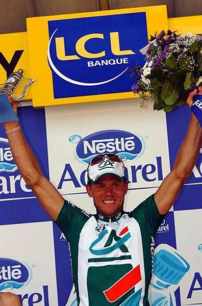 Thor Hushovd (Credit Agricole) on the stage winner's podium