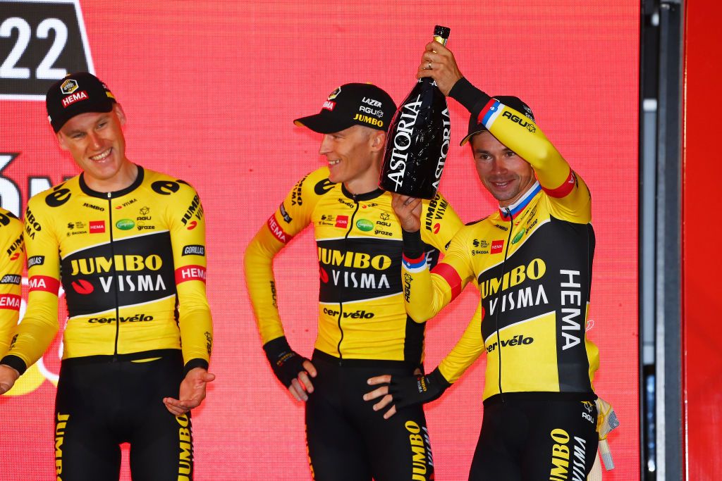 UTRECHT NETHERLANDS AUGUST 19 Primoz Roglic of Slovenia and Team Jumbo Visma celebrates winning the stage one on the podium ceremony after the 77th Tour of Spain 2022 Stage 1 a 233km team time trial in Utrecht LaVuelta22 WorldTour on August 19 2022 in Utrecht Netherlands Photo by Tim de WaeleGetty Images