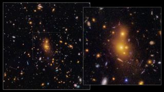 a cloud of orange gas on a starry background containing dozens of swirls of gas of different colors