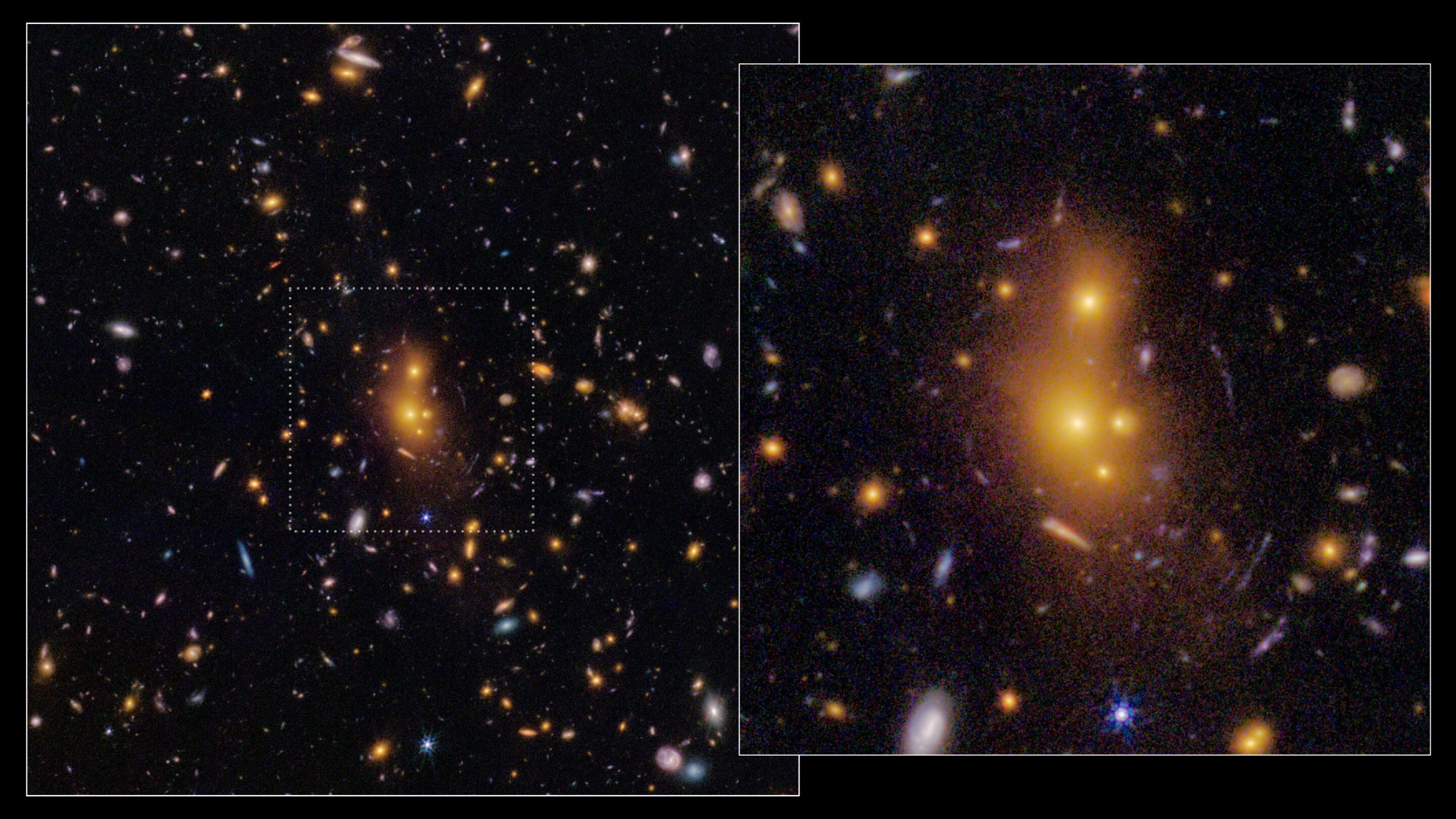 a cloud of orange gas on a starry background containing dozens of swirls of gas of different colors
