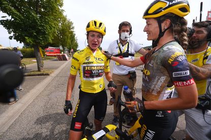 Marianne Vos is congratulated by Jumbo-Visma team mate Karlijn Swinkels after winning stage six of the 2022 Tour de France Femmes avec Zwift