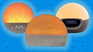 A collage of three sunrise alarm clocks (the Dreamegg, the Hatch Restore 3 and the Lumie Bodyclock) against a blue background with the word 'tested' across it