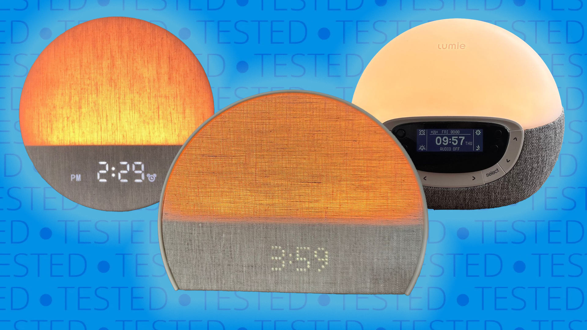 A collage of three sunrise alarm clocks (the Dreamegg, the Hatch Restore 3 and the Lumie Bodyclock) against a blue background with the word 'tested' across it