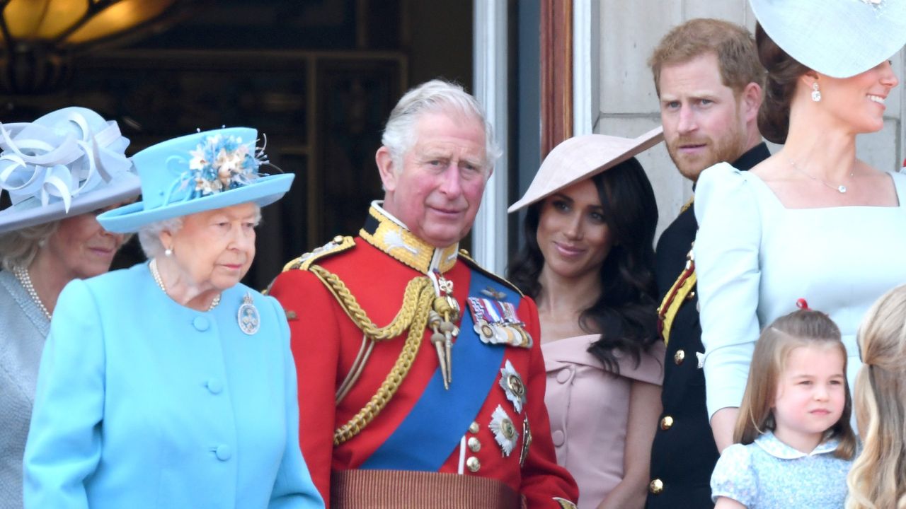 Queen Elizabeth II, Prince Charles, Prince of Wales, Meghan, Duchess of Sussex, Prince Harry, Duke of Sussex, Catherine, Duchess of Cambridge and Princess Charlotte of Cambridge on the balcony of Buckingham Palace during Trooping The Colour 2018 at The Mall on June 9, 2018 in London, England. The annual ceremony involving over 1400 guardsmen and cavalry, is believed to have first been performed during the reign of King Charles II. The parade marks the official birthday of the Sovereign, even though the Queen&#039;s actual birthday is on April 21st.