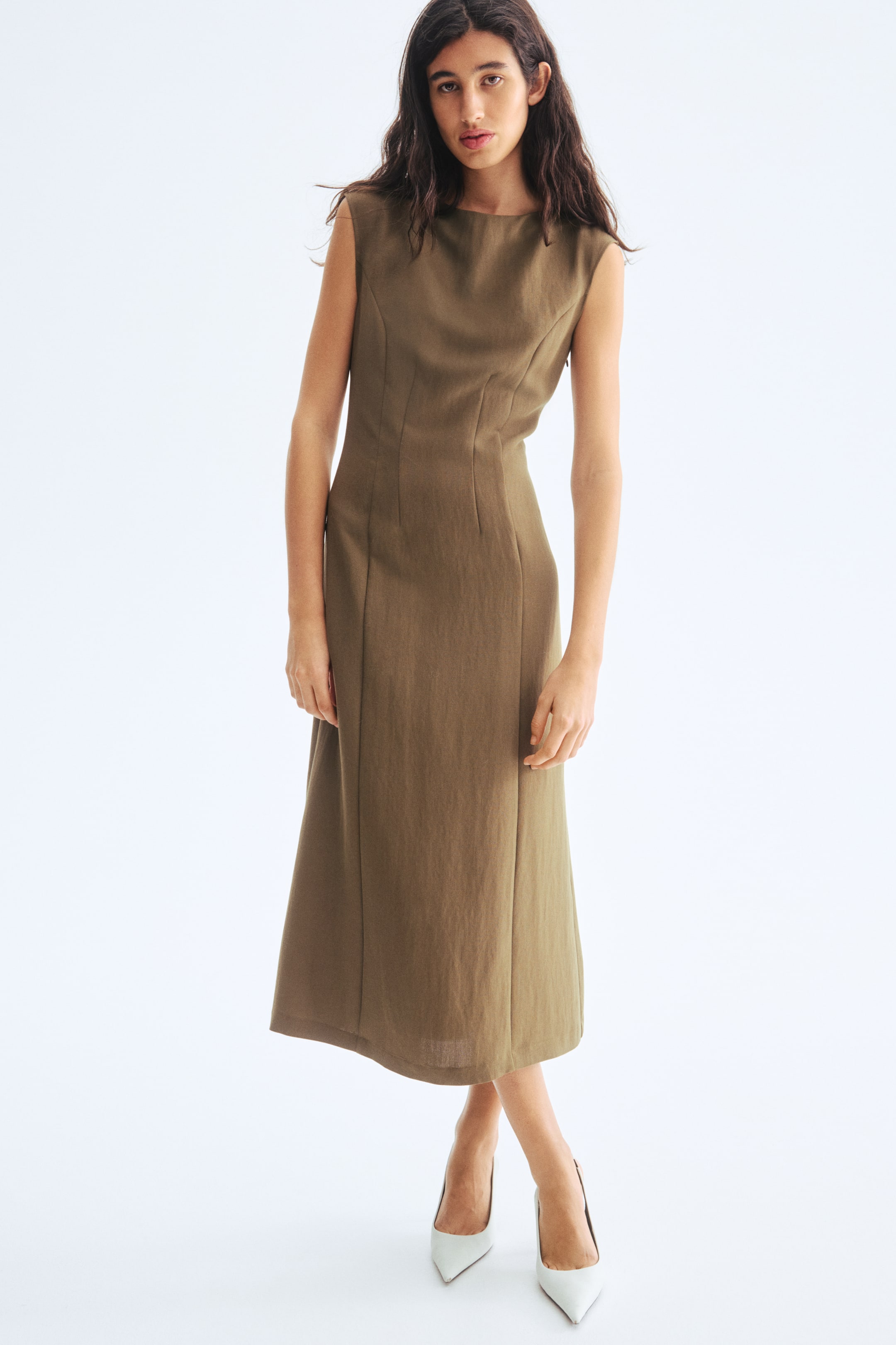 Defined-Waist Sleeveless Dress - Dark Khaki Green