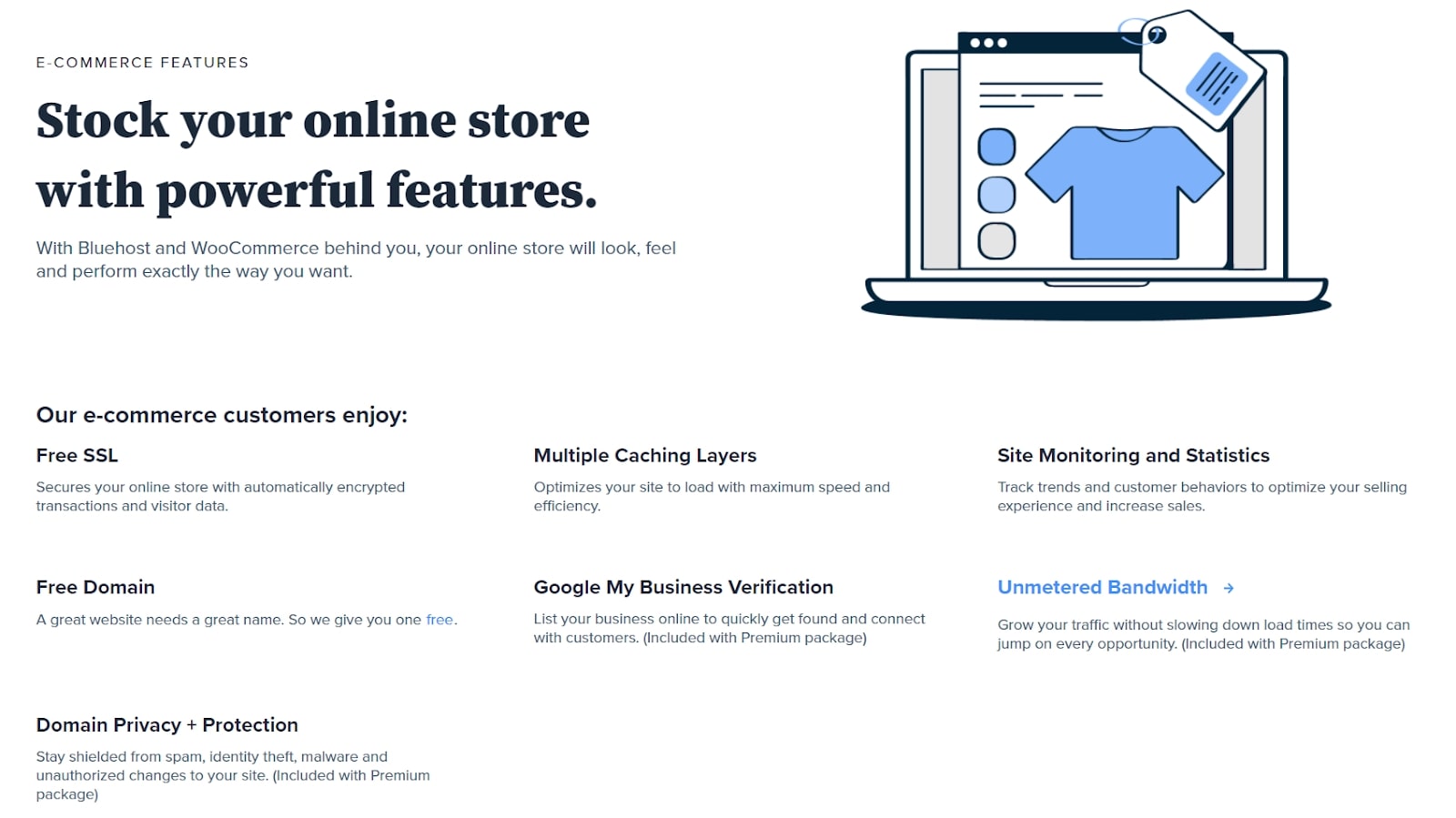 Bluehost's webpage discussing its WooCommerce online store plan