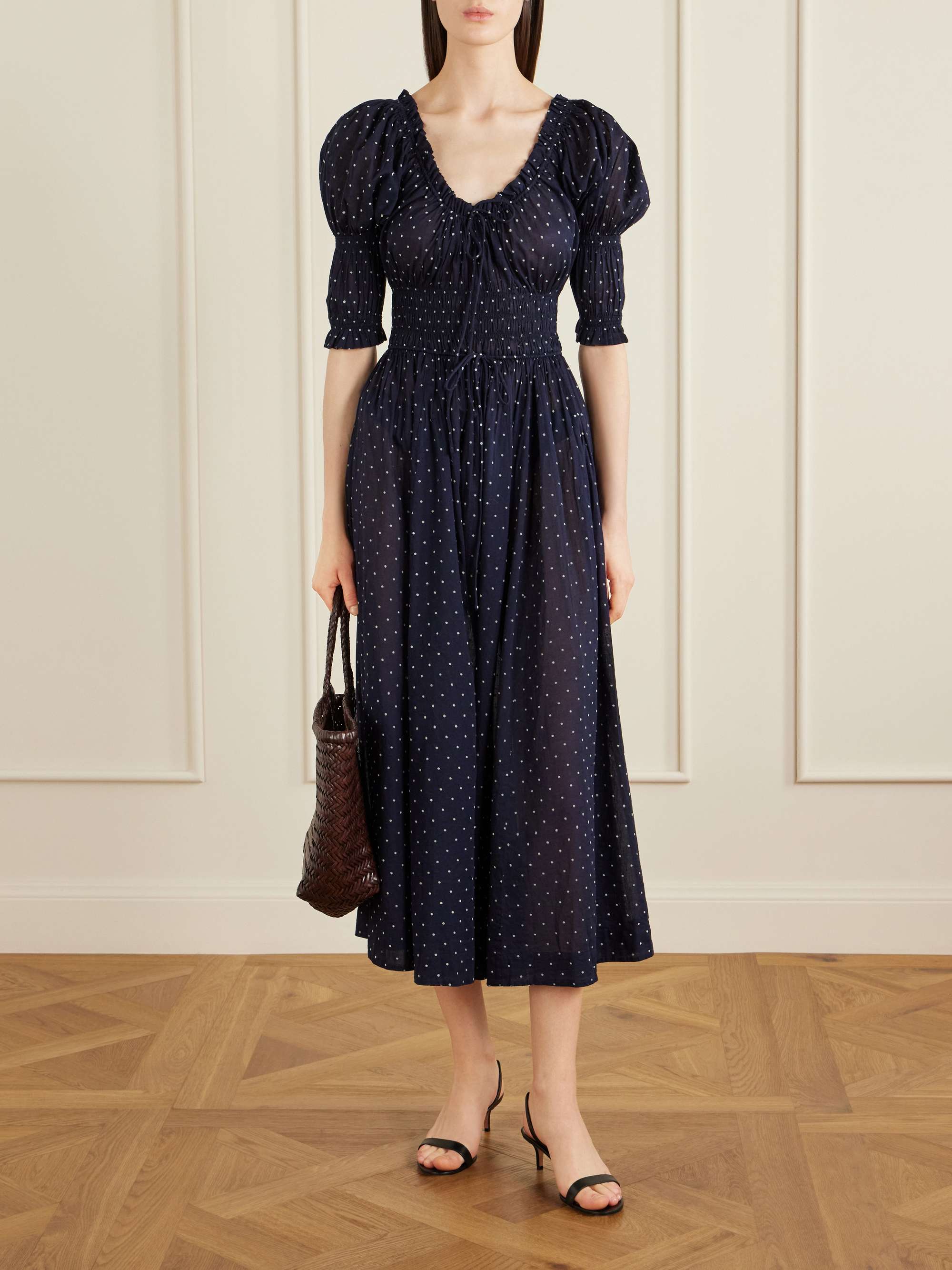 Ischia Shirred Polka-Dot Organic Cotton-Voile Midi Dress