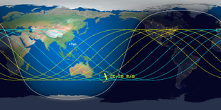 This reentry prediction plot by the Aerospace Corporation shows the estimated splashdown point of China's 21 metric ton Long March 5B rocket booster on Sunday, May 9, 2021. As of early Saturday, May 8, it was estimated to fall in the southern Pacific Ocean at around 12: 19 a.m. EDT (0419 GMT), give or take 8 hours.