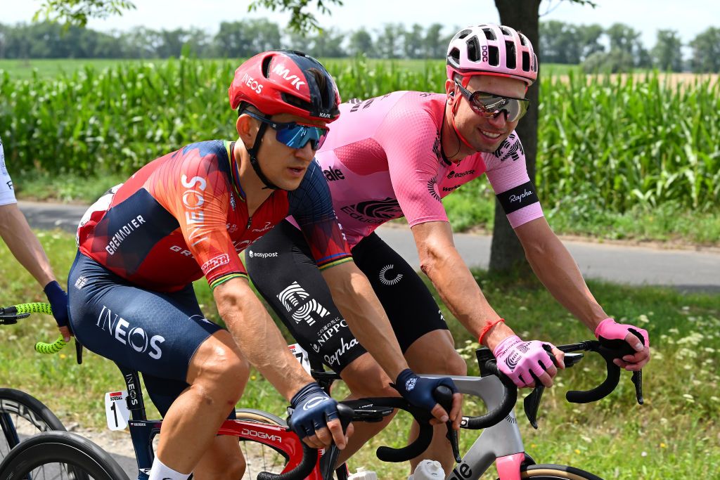 Michal Kwiatkowski (Ineos Grenadiers) and Lukasz Winiowski (EF Education-EasyPost) chat during stage 1