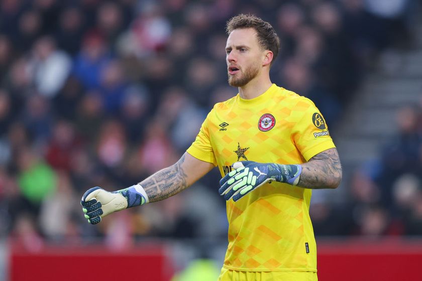 Mark Flekken of Brentford during the Premier League match between Brentford FC and Liverpool FC at Gtech Community Stadium on January 18, 2025 in Brentford, England.