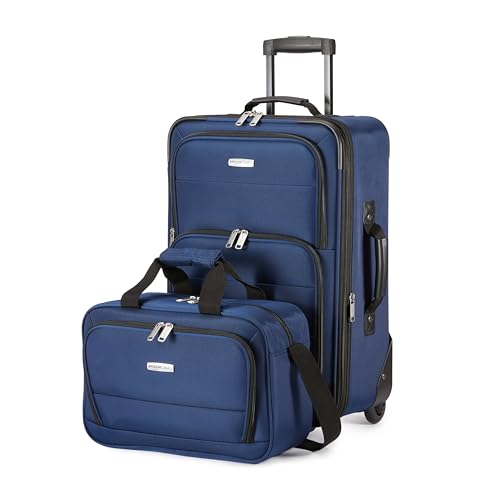 Amazon Basics 2-Piece Luggage Set, Expandable Cabin Suitcase (58 Cm) and Tote Bag (25 Cm), Soft Shell Suitcase With Wheels, Lightweight Polyester, Navy Blue, for Travel Work Weekend Breaks