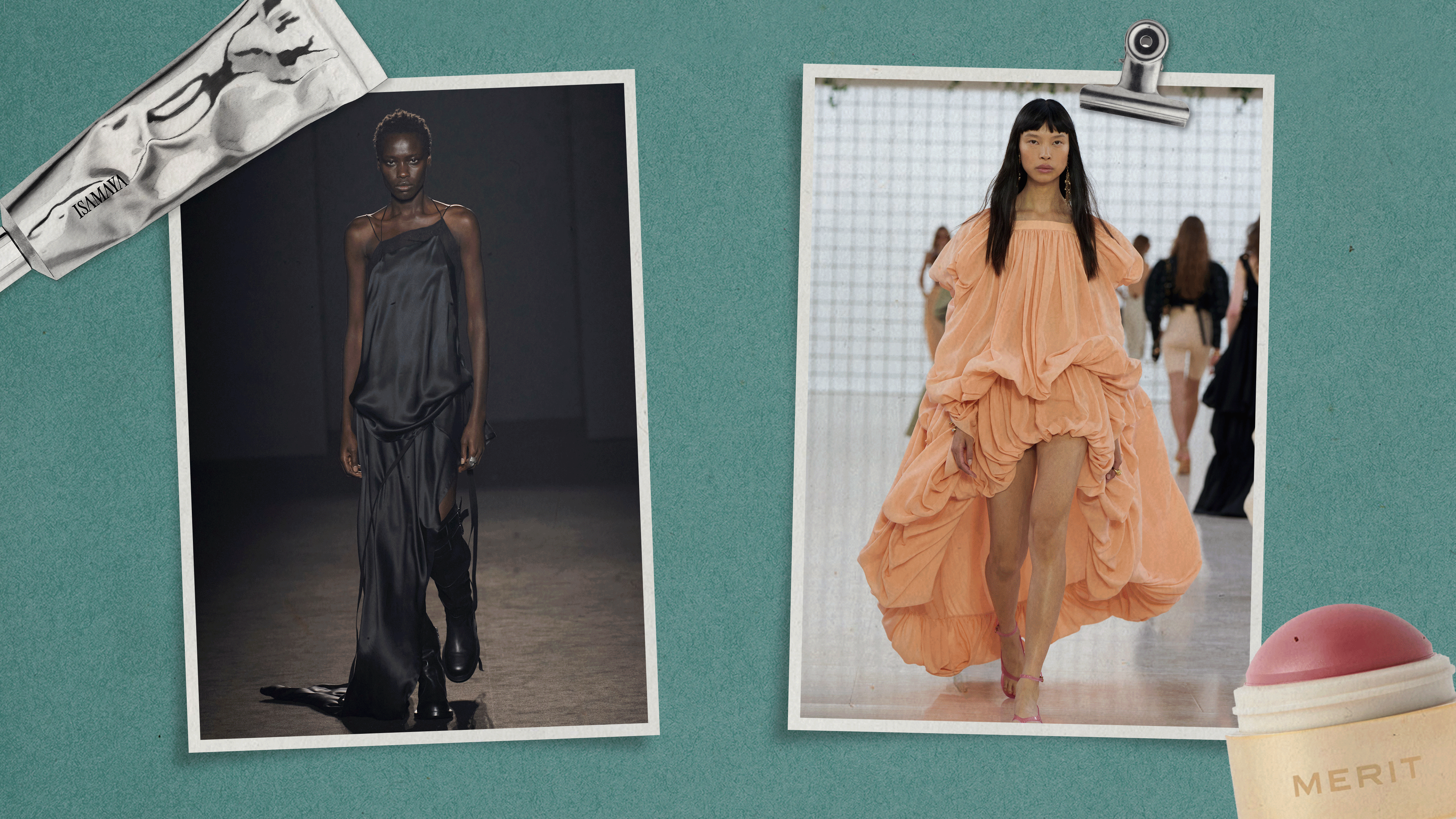 Collage of backstage and runway images from Ann Demeuelemeester, Paloma Wool, Tory Burch, Khaite, Chloé, and Toteme shows, with cutout images of Isamaya and Merit products overlaid.