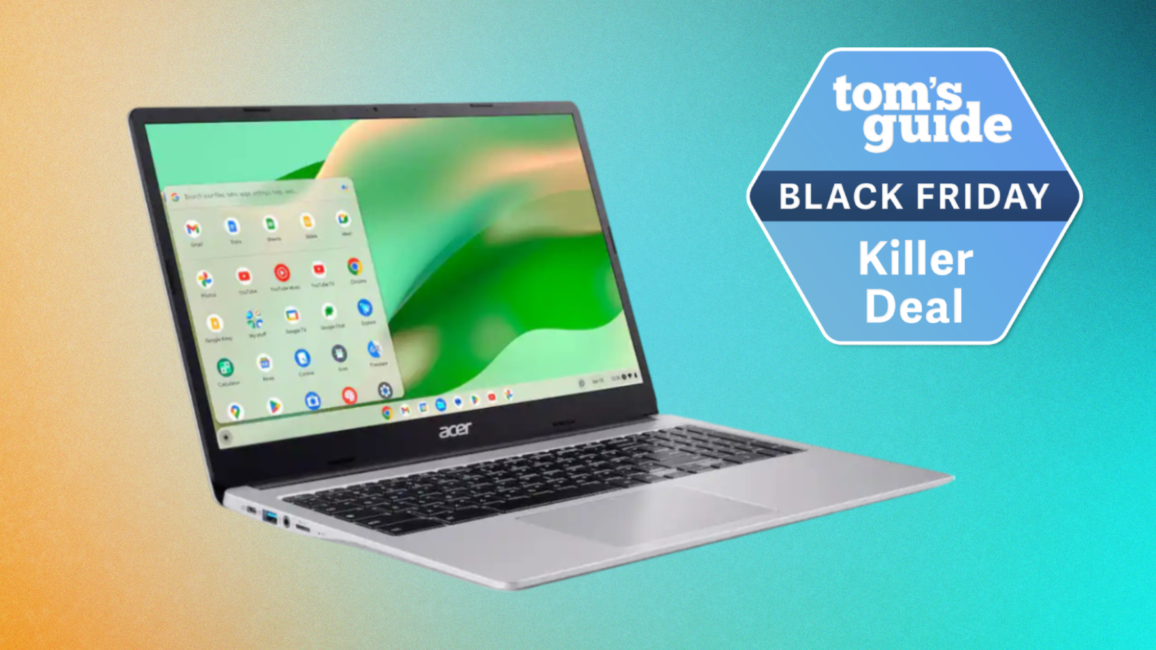 Acer Chromebook 315 on colored background with Tom&#039;s Guide Black Friday Killer Deal badge