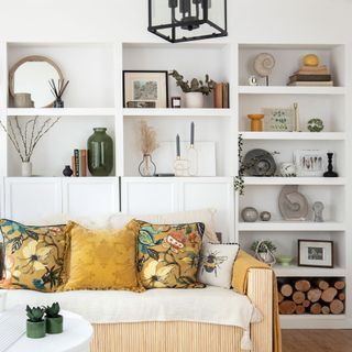 living room with white wall and shelves