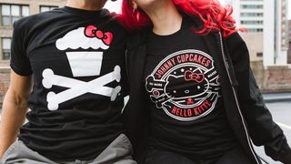 T-shirt design: man and woman wearing Johnny Cupcakes T-shirts with Hello Kitty-themed illustrations
