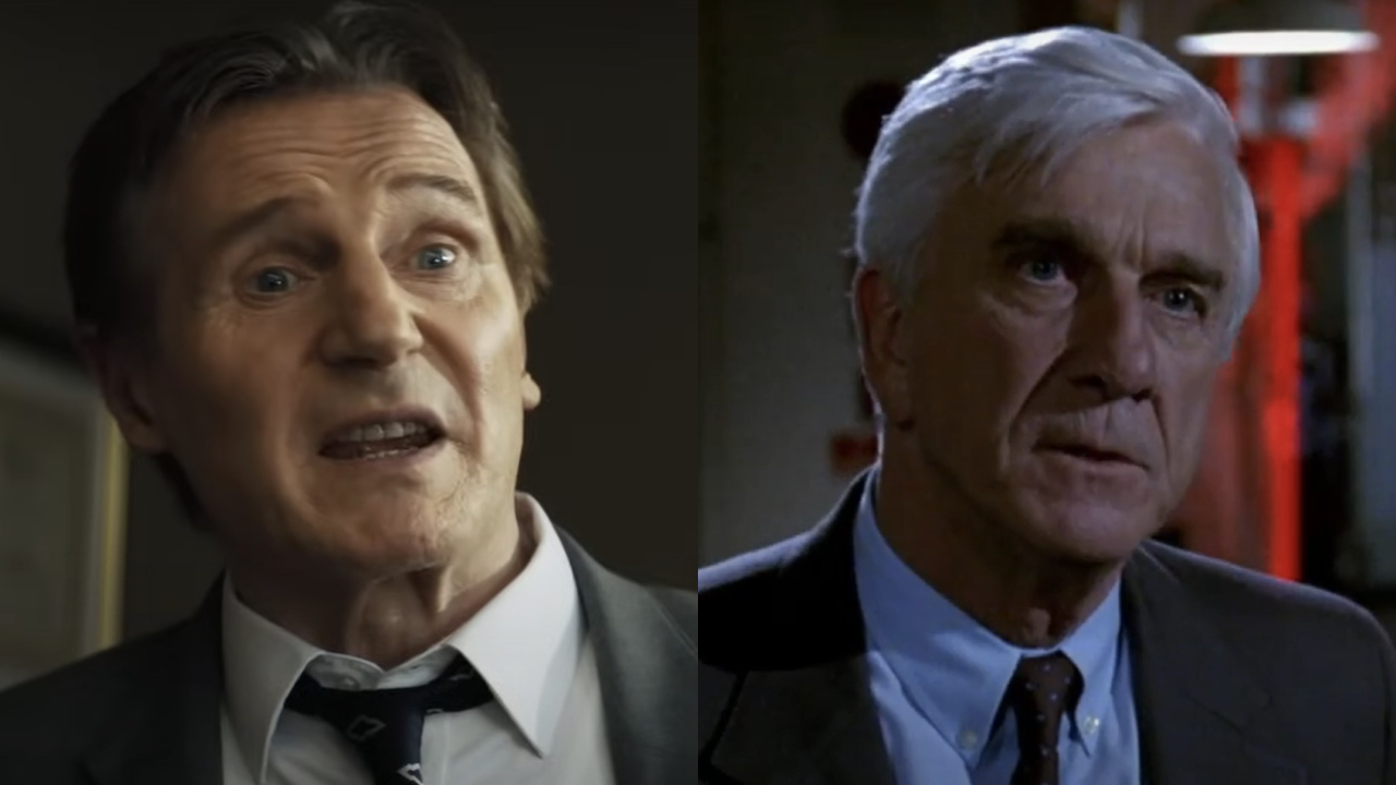 A heated Liam Neeson in The Naked Gun (2025), pictured next to a somber Leslie Nielsen in the original Naked Gun.