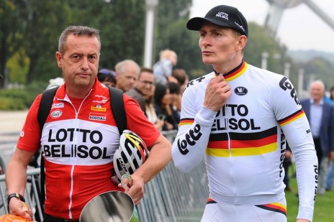 Andre Greipel (Lotto-Belisol) adjusts his jersey before the podium celebration