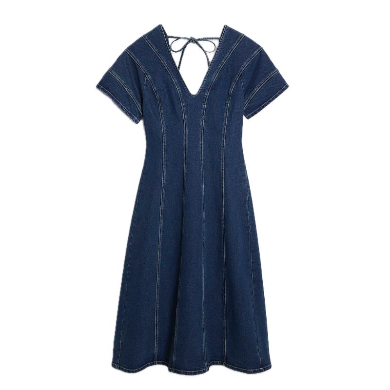 River Island, Blue Denim Short Sleeve Seamed Midi Dress