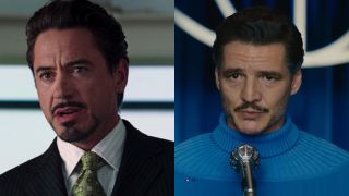 Tony Stark and Reed Richards in press conferences, side by side.
