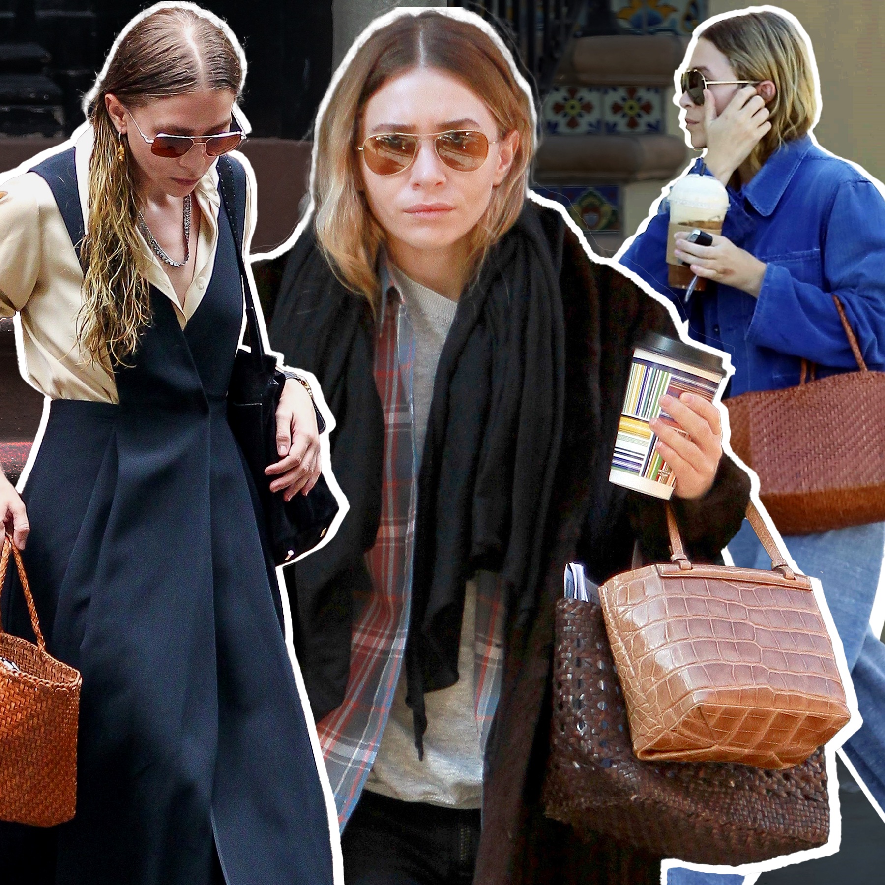 collage of three paparazzi shots of Ashley Olsen wearing chic outfits with Dragon Diffusion woven bags in neutral colors