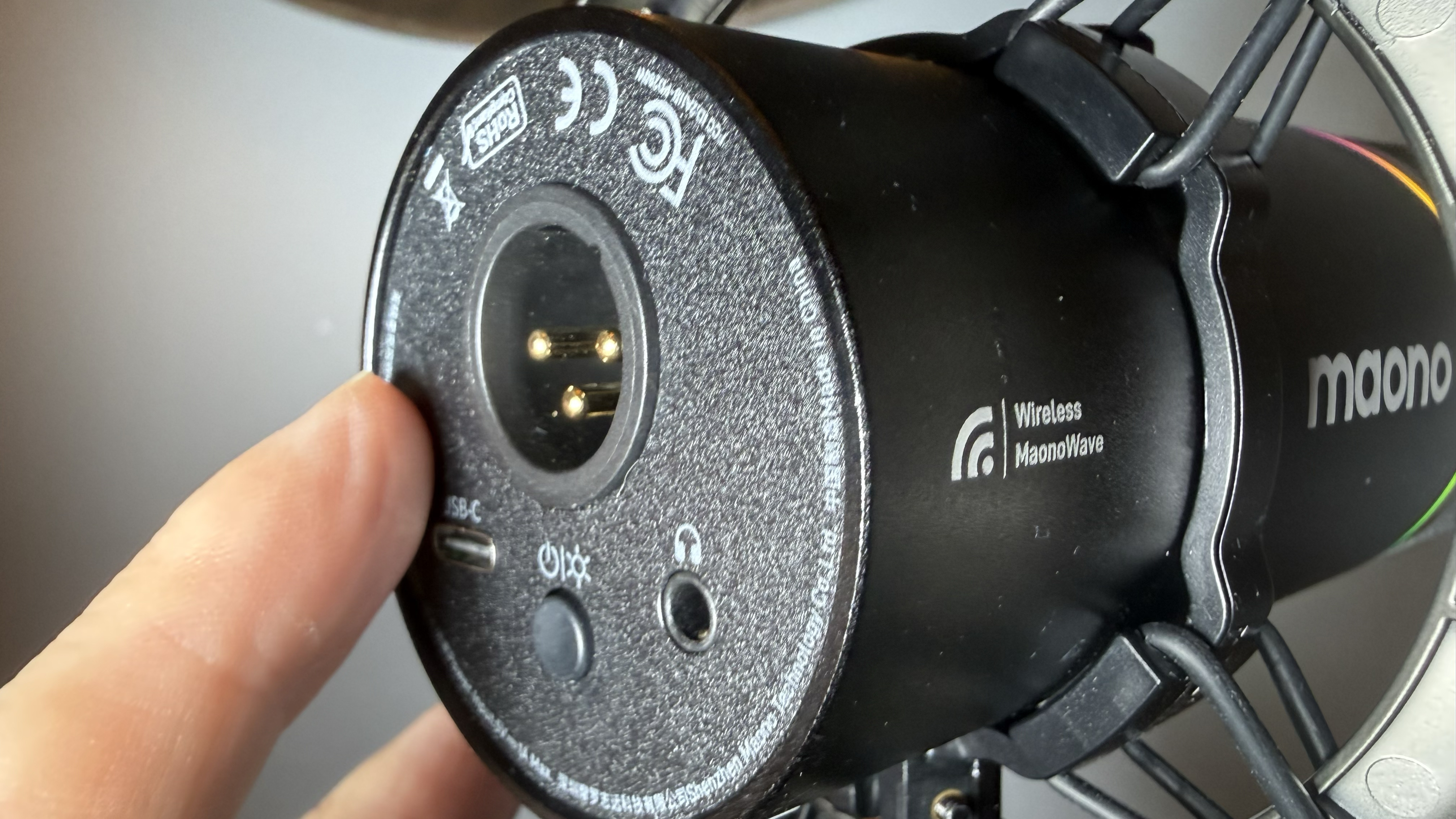 Close-up of the rear of the mic to display the 3-pin male XLR socket