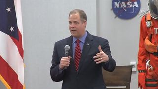 NASA Administrator Jim Bridenstine speaks to agency employees at NASA's Glenn Research Center in Cleveland, Ohio on June 10, 2019.