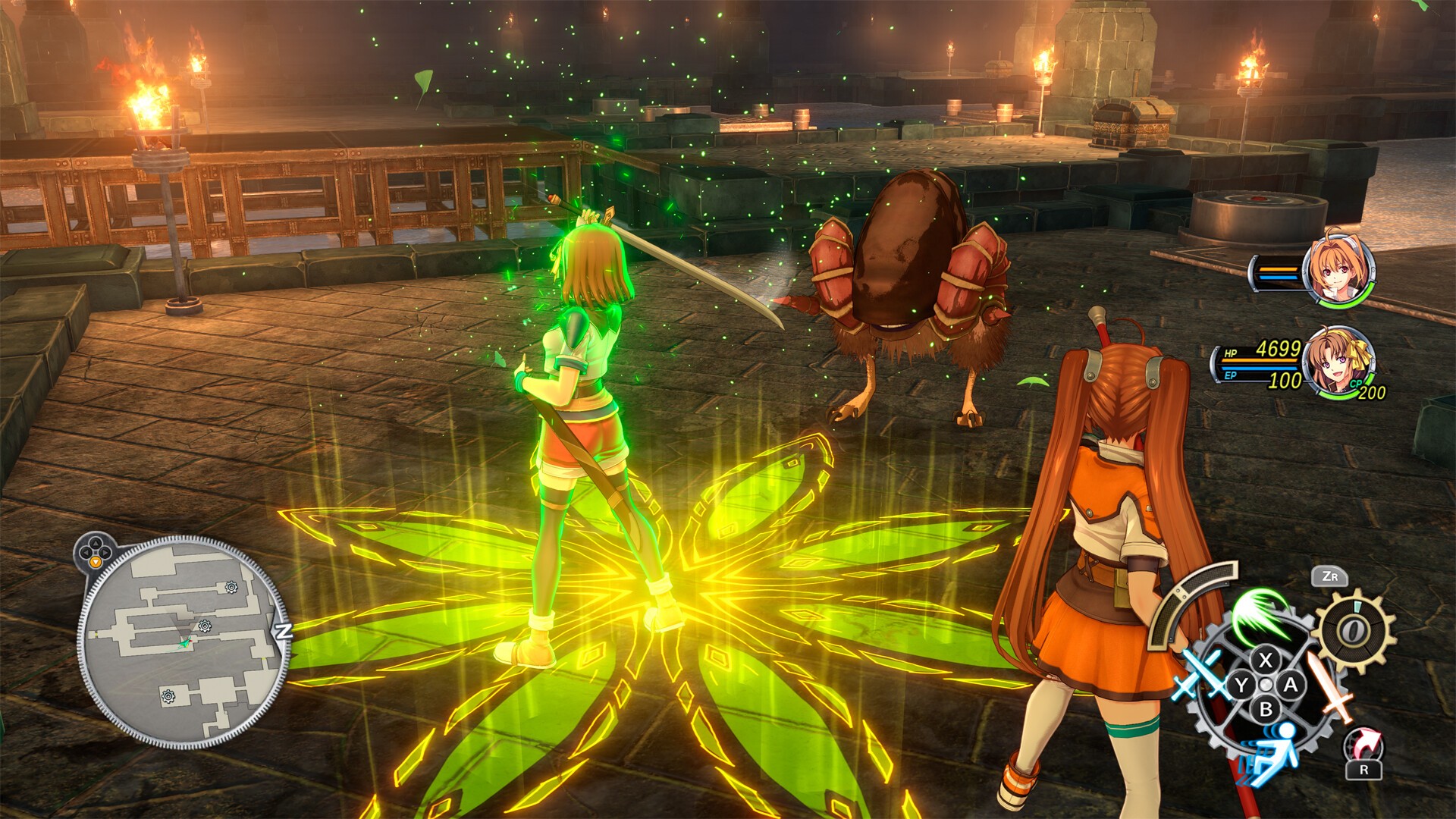Anelace and Estelle fight monsters in a dungeon in Trails in the Sky 2nd Chapter