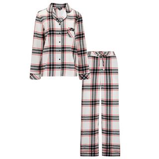 flat lay of pour moi Cosy Check Brushed Cotton Pyjama Set in black and white check