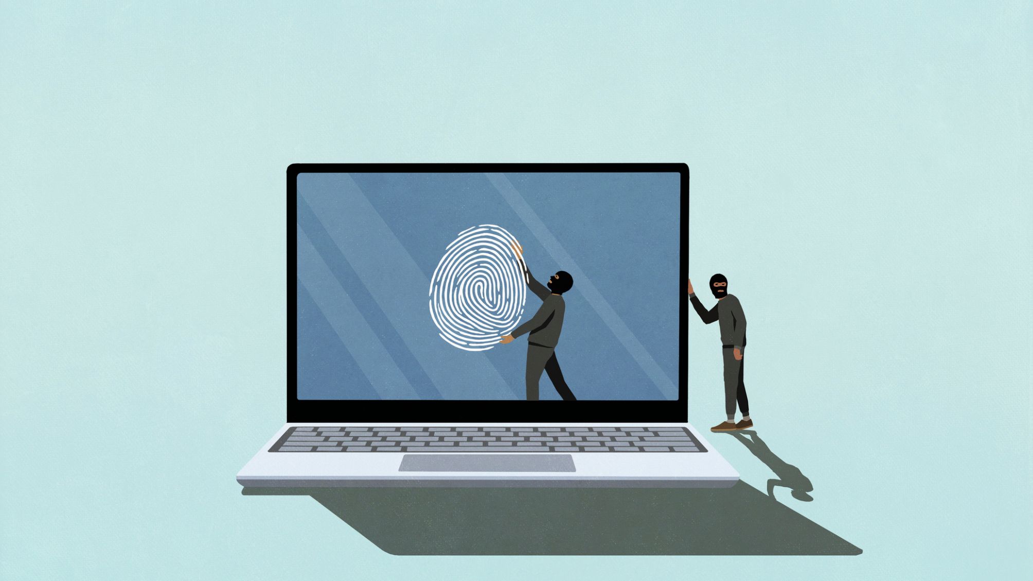 Identity thieves stealing fingerprint off laptop screen