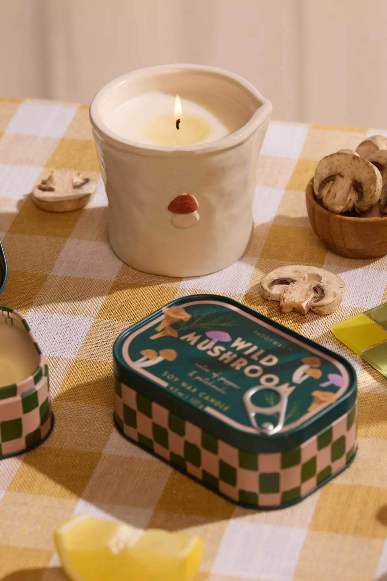 A mushroom-scented candle