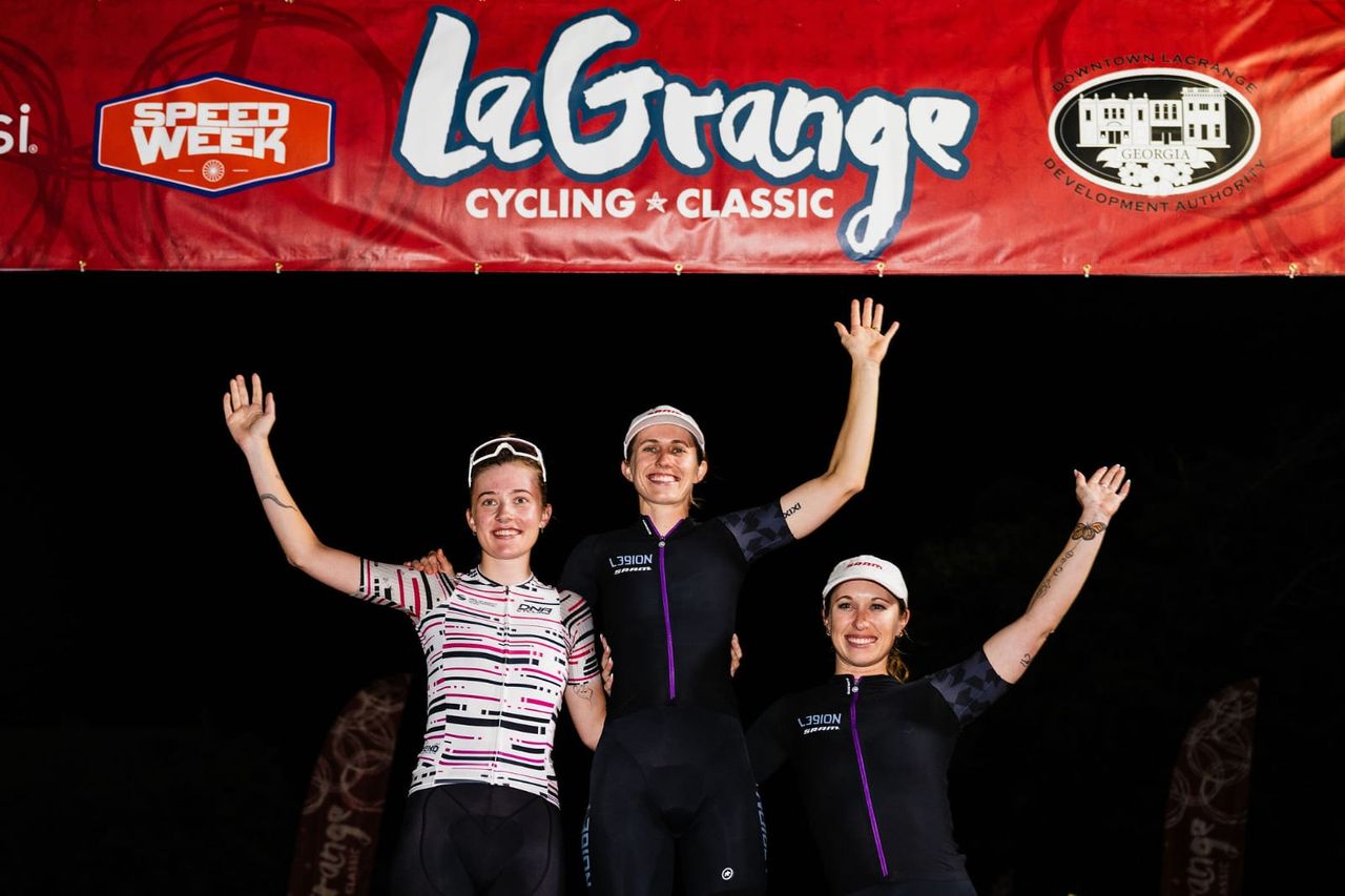 Women's podium at 2024 LaGrange Cycling Classic in LaGrange, Georgia