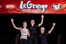 Women's podium at 2024 LaGrange Cycling Classic in LaGrange, Georgia (L to R): second-placed Kaitlyn Rauwerda (DNA Pro Cycling), winner Alexis Magner and third-placed Kendall Ryan (both L39ION of Los Angeles)
