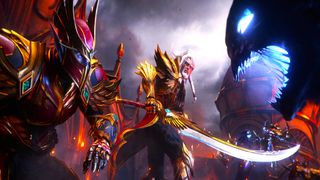 Promotional screenshot (edited by us at Windows Central) of the Blood Eves fighting Voidwalkers in World of Warcraft: Midnight