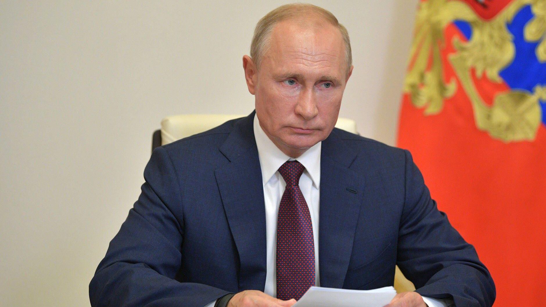 Russian President Vladimir Putin during a video conference meeting with the working group on amendments to the Russian constitution at the Novo-Ogaryovo residence on July 3, 2020.