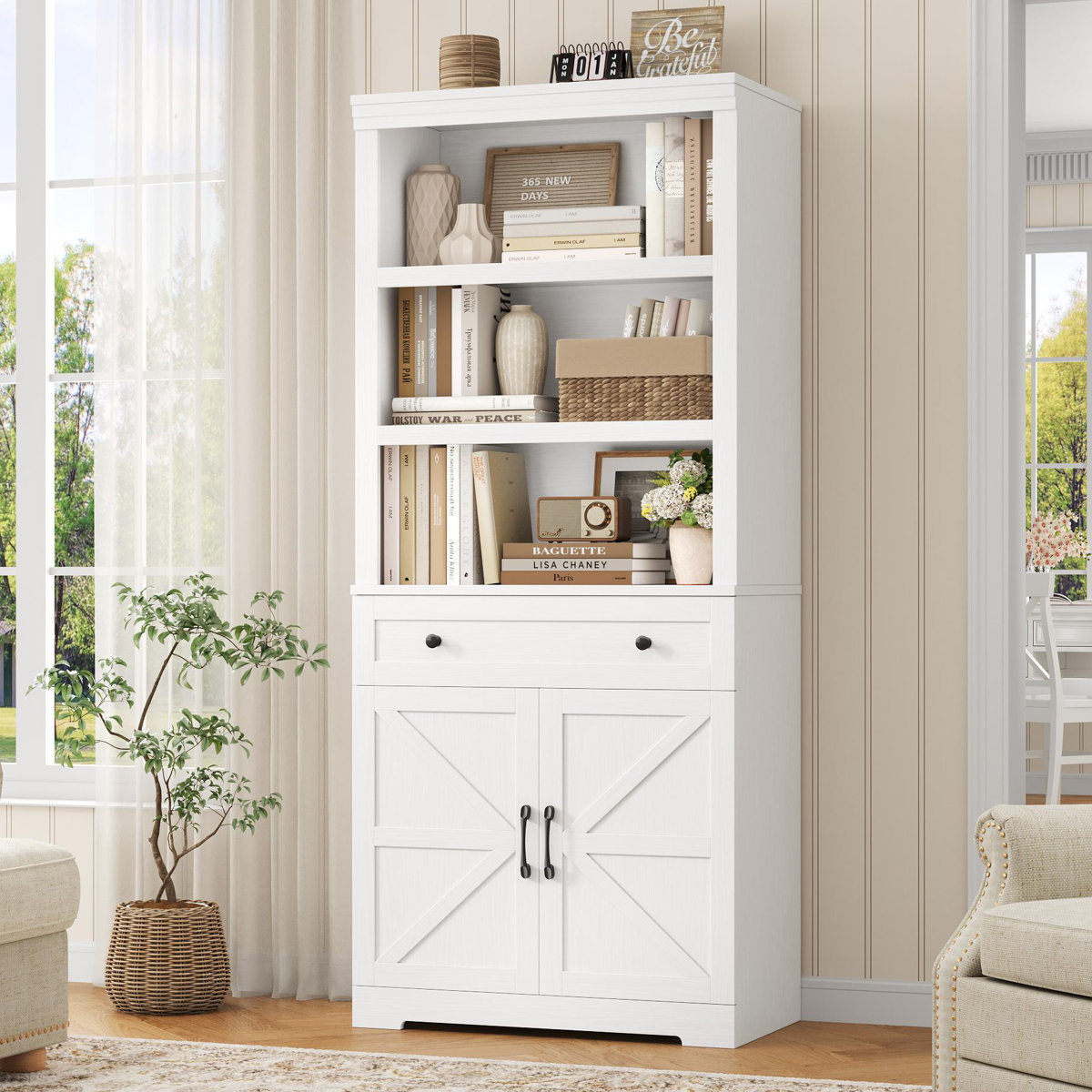 Gracie Oaks 72"h 30"w Standard Bookcase With Open Bookshelves and Drawer, Farmhouse Bookshelf With Storage, Floor Standing 6 Shelf Display Storage Cabinet &amp;amp; Reviews | Wayfair