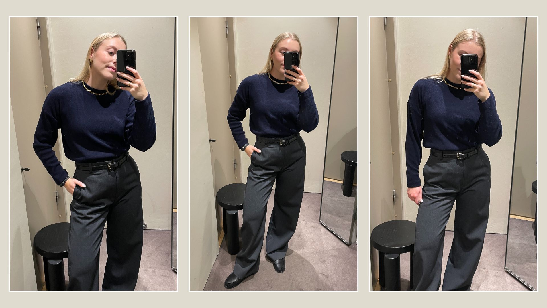 Woman wears navy jumper, grey barrel leg jeans and loafers