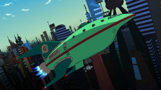 The Planet Express ship flying through New New York in the intro of Futurama.