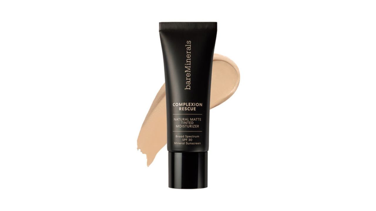 A black squeeze tube of Bare Minerals Complexion Rescue Natural Matte Tinted Moisturizer for the best tinted moisturizers with SPF.