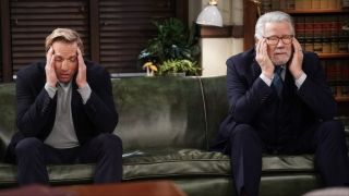 Ryan Hansen and John Larroquette on a couch in Night Court Season 3x02