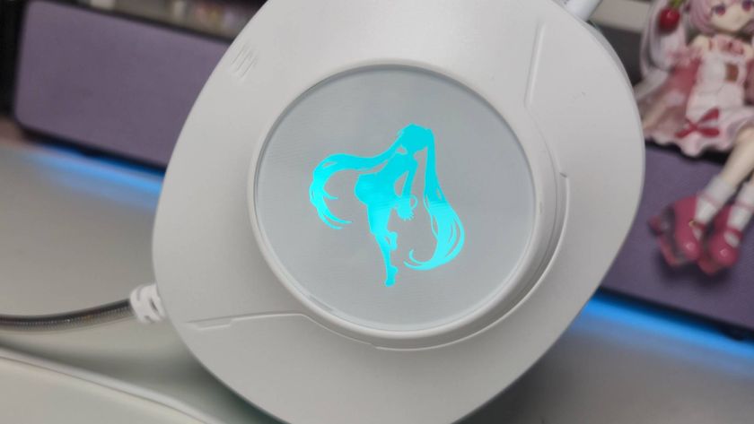 Photo by Rosalie Newcombe of the side of the Asus TUF Gaming Hatsune Miku wired gaming headset.